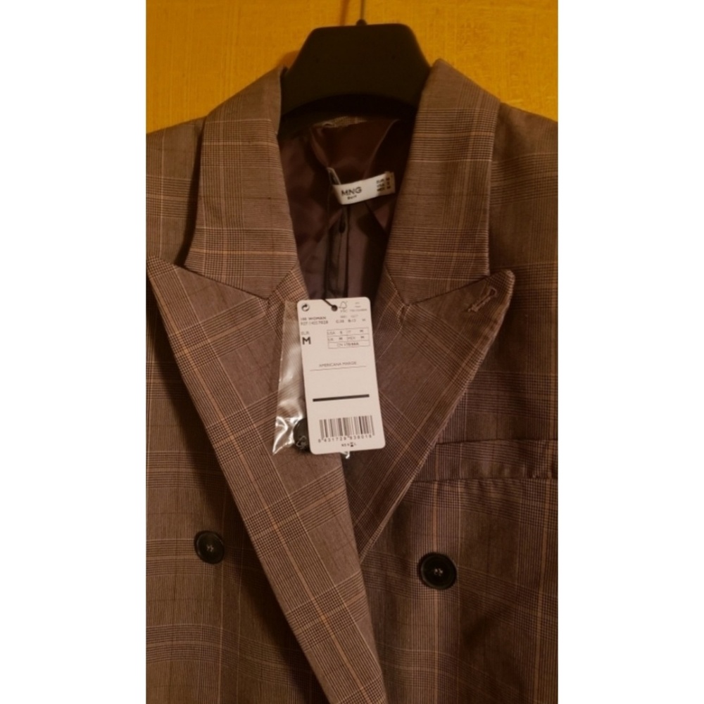 Mango Double-Breasted Plaid Blazer in Taupe with Subtle Orange Windowpane - Picture 6 of 8